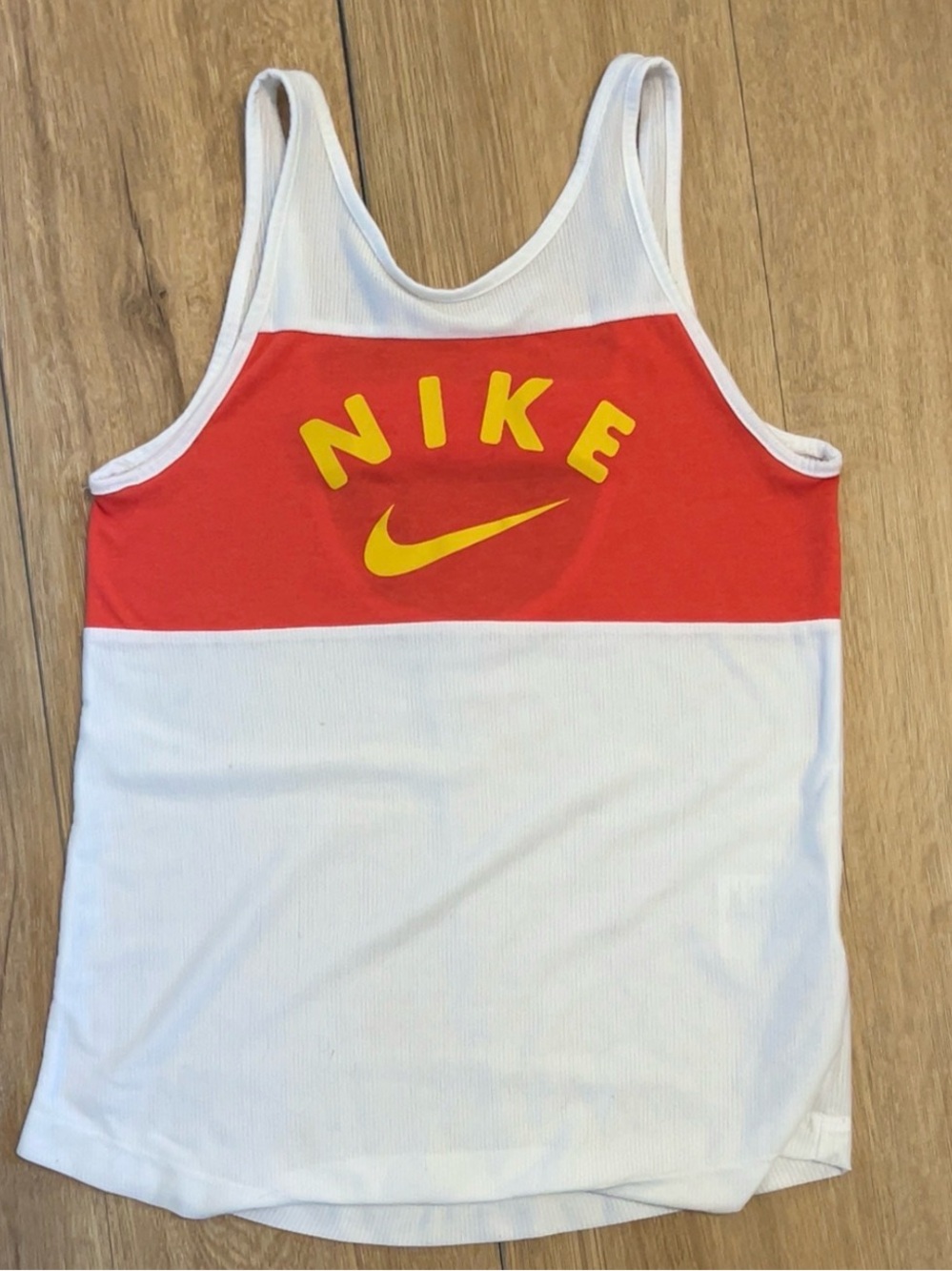 Nike White Tank with Red Chest Panel and Yellow Logo